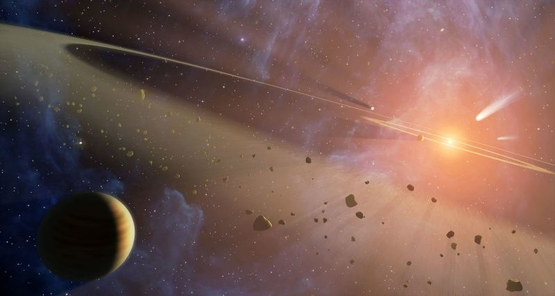 Impresión del artista mostrando dos cinturones de asteroides y un planeta orbitando Epsilon Eridani. Wikimedia Commons